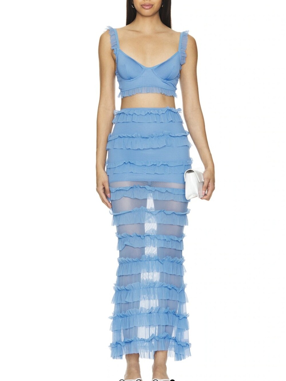 OW Collection Corset Crop Top + Maxi Skirt 2-PC Set Mermaid Chiffon Ruffled Mesh